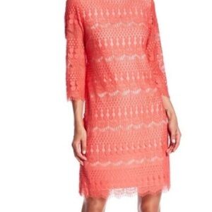 Eliza J 3/4 Length Sleeve Lace Shift Dress Coral Pink Boat Neck Size 2